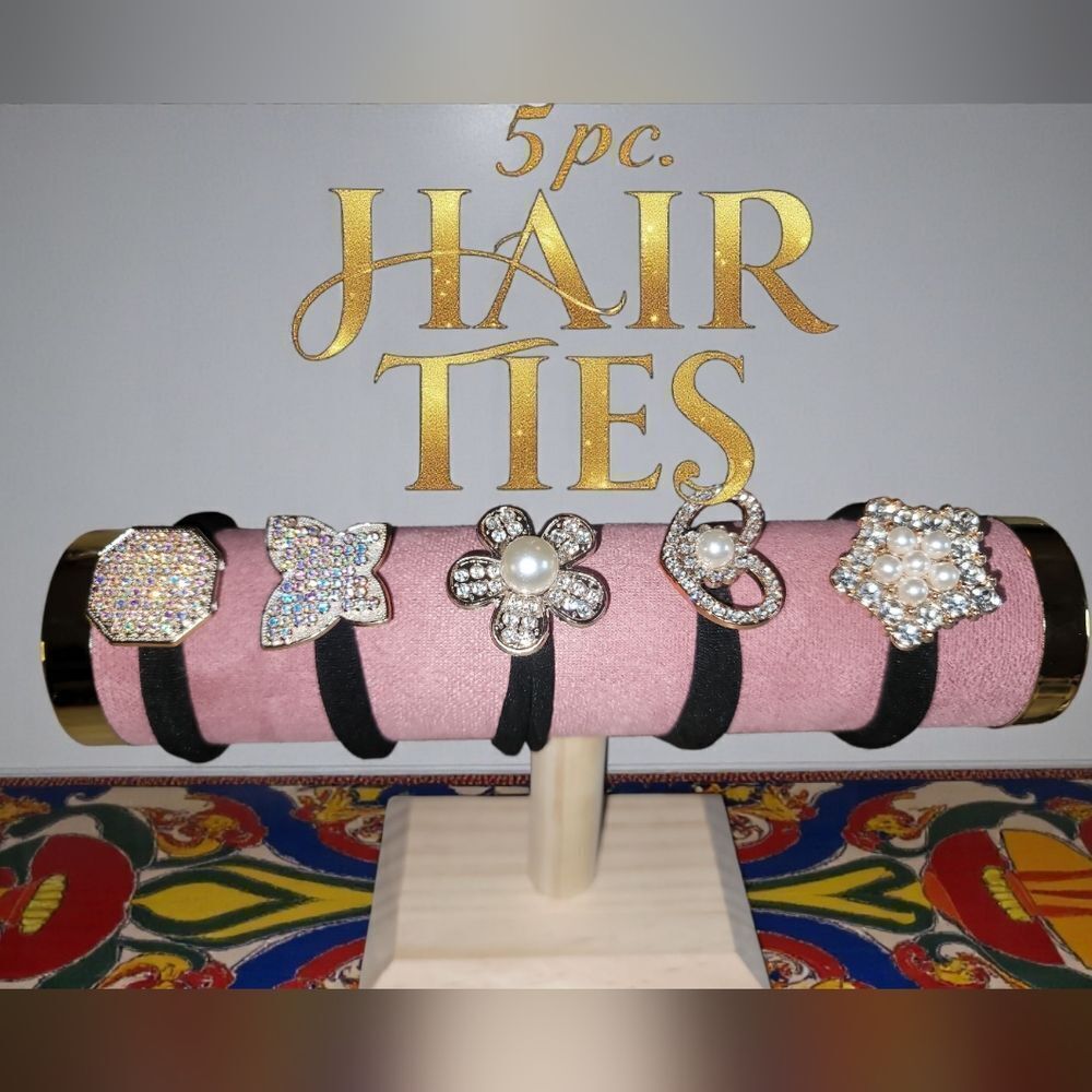 Chic Black Hair Ties with Pearl and Rhinestone Embellishments 5 Pcs.